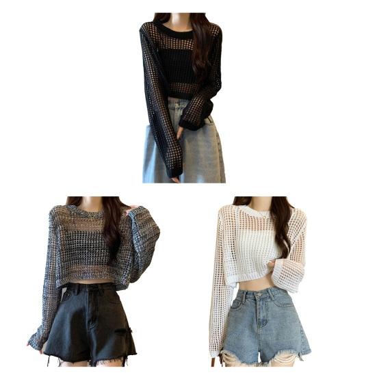 Женские топы Однотонные Свободный крой Полый дизайн Топы-пуловеры Чистый цвет Летние тонкие топы Защита от солнца Короткая накидка Блузка