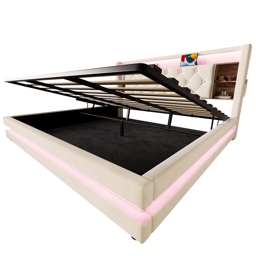 180 × 200 cm Upholstered Bed with Storage, Velvet Bed with Multifunctional Headboard, LED Lighting, 2 USB & Type-C Port, Hydraulic, Beige