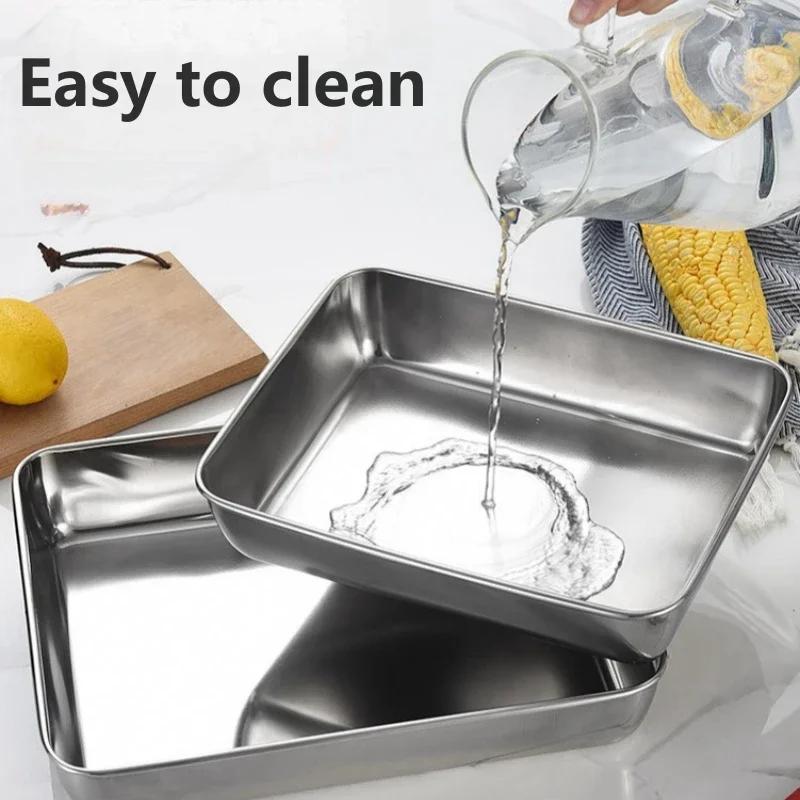 1Pc Thickened Stainless Steel Tray Large Capacity Food Storage Pan with Lid Commercial Dish Tray Freshing Lunch Box Container