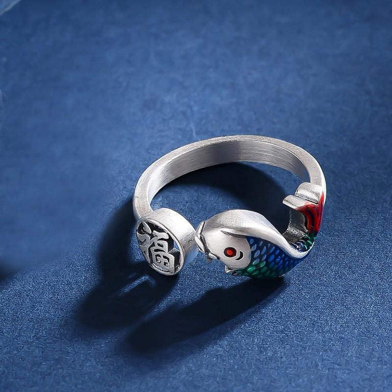 Adjustable Open Ring With Enamel Koi Fish Design Vintage Retro Style Plated Finger Women Men
