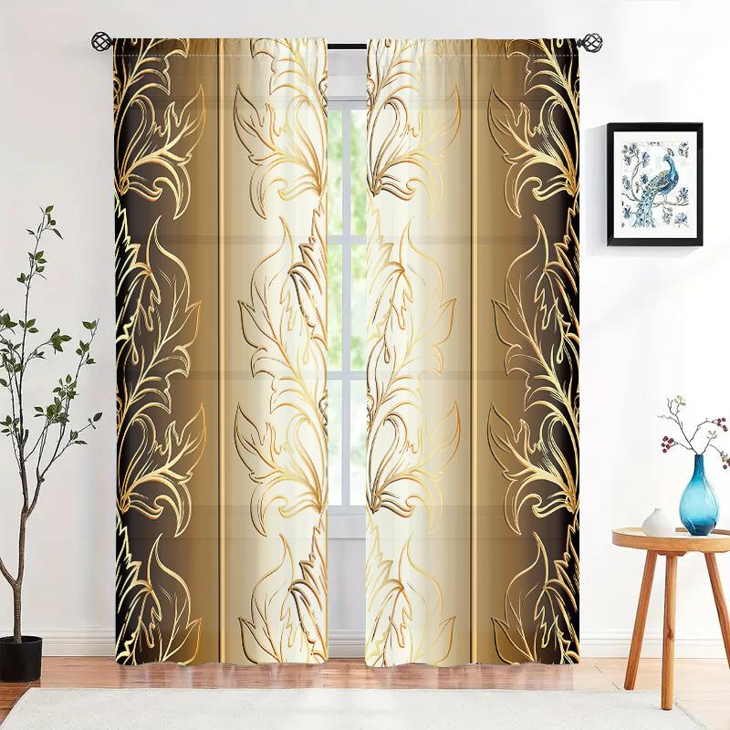 2 шт., шторы с принтом в виде золотистых скандинавских листьев - полузатемняющие - подходят для гостиной, спальни, кухни, для украшения дома