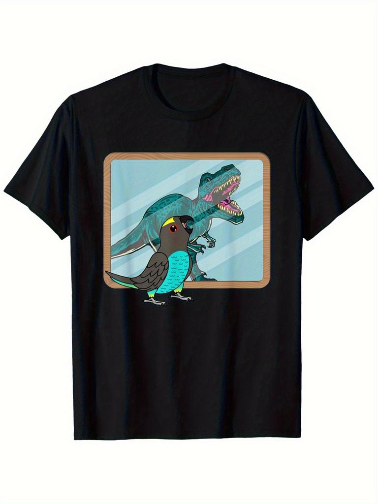 Men's Short Sleeve T-Shirt with Parrot & Dinosaur Print - Casual Round Neck Tee Suitable for Casual