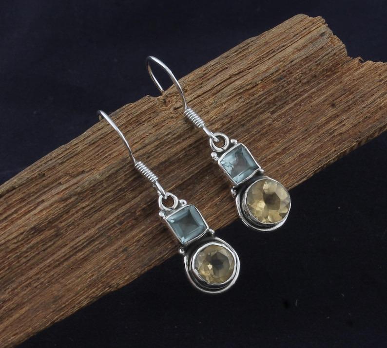 Blue Topaz & Citrine Gemstone Earrings, Solid 925 Sterling Silver Earrings, Birthstone Jewelry Gift For Mom