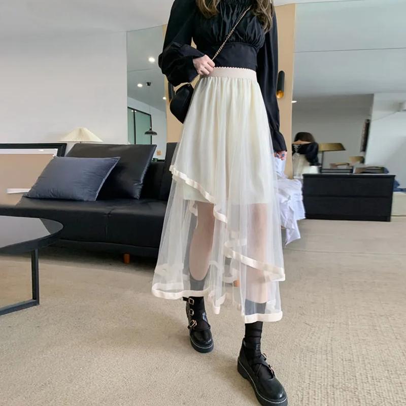 Женские юбки, однотонная корейская асимметричная сетчатая юбка, летние милые уютные свободные юбки, повседневная универсальная юбка с высокой талией
