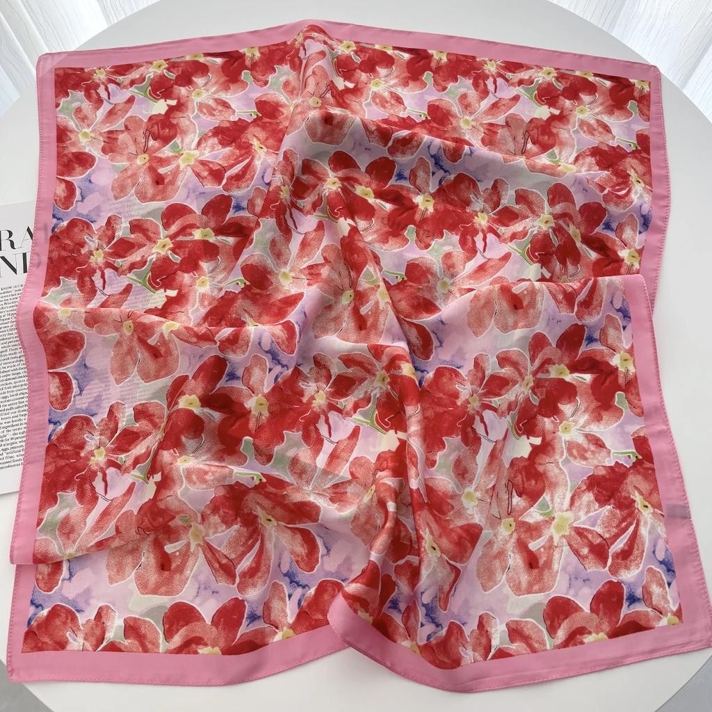 Color-blocked Print Shawl Square Scarf for Women Satin Fashion Wraps Neckerchief Female Hair Bands Ribbon Headband Bandana