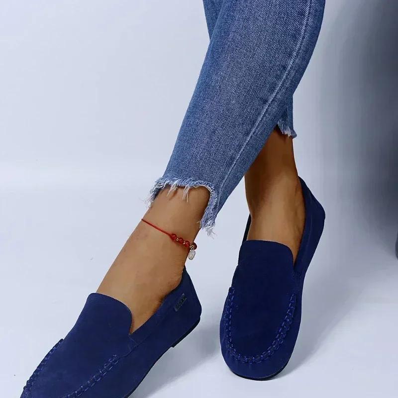 Женская обувь, Лидер продаж 2024 года, женские туфли без шнуровки на плоской подошве, осенняя замшевая обувь с круглым носком, однотонная мягкая подошва, повседневная удобная прогулочная обувь