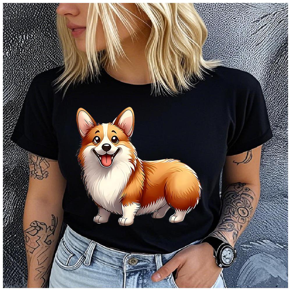 Cotton Cartoon Happy Corgi Dog Graphic Women TShirt Fluffy Welsh Corgi Puppy Pet Owner Daily Casual Short Sleeve Top