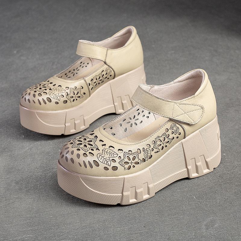 Johnature Туфли на платформе с толстой подошвой и круглым носком, женские винтажные удобные сандалии на танкетке из натуральной кожи