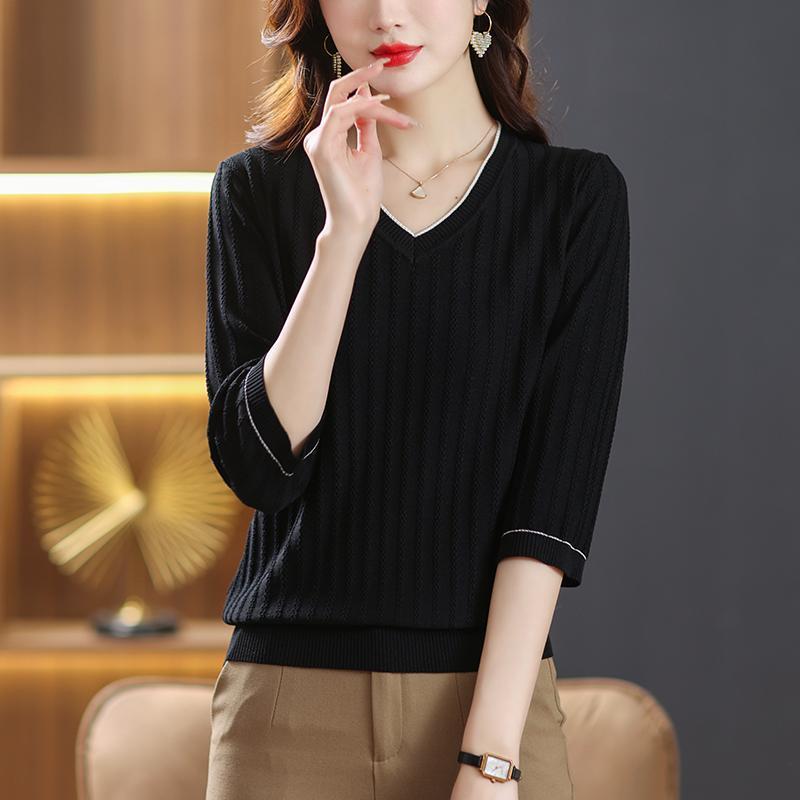 Футболка с v-образным вырезом для мам, женская верхняя рубашка из ледяного шелка с рукавами 3/4, тонкая весенняя модная нижняя рубашка