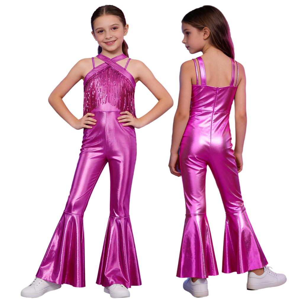 Kids Metallic Disco Dance Bodysuit: Sleeveless Sequins Tassels Jumpsuit with Back Invisible Zipper & Flared Pants