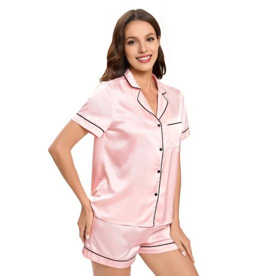 2 Pcs/Set Women Shirt Shorts Suit V Neck Lapel Short Sleeves Satin Solid Color Top Elastic Waist Short Trousers Homewear Loungewear OutfitLoungewear
