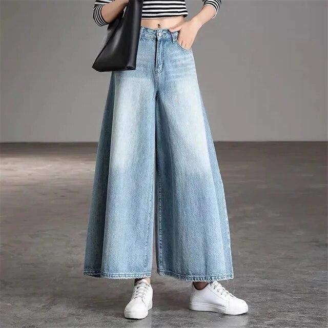 Super Loose Culotte Wash Vintage Wide Leg Jeans Women Design Oversize High Waist Denim Pantalones 95cm Korean Baggy Skirt Pants