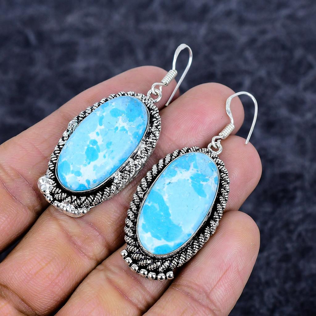 Larimar Gemstone Handmade 925 Sterling Silver Jewelry Earring 2.25" M-3529