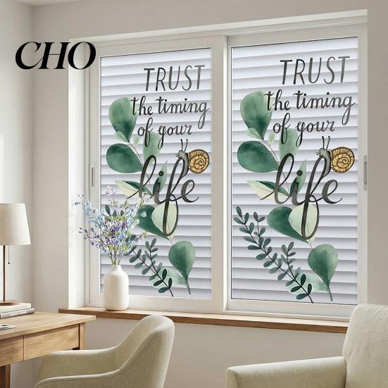 Privacy Window Cover Reeded Glass Film Non Adhesive Frosted Sun Blocking Opaque Decal Cling Hanging Green Plants Decorative Sticker for Bathroom Fresh