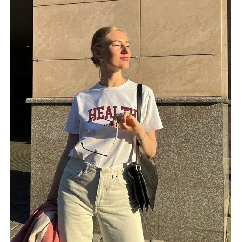 American Vintage Sports Style Health Letter Print Shoulder Niche Cotton Loose Short Sleeve T-shirt Women