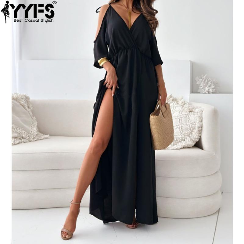 YYFS Women's Fashion Summer Spring Solid Color Print Short Sleeve V-Neck High Waist Casual Dresses