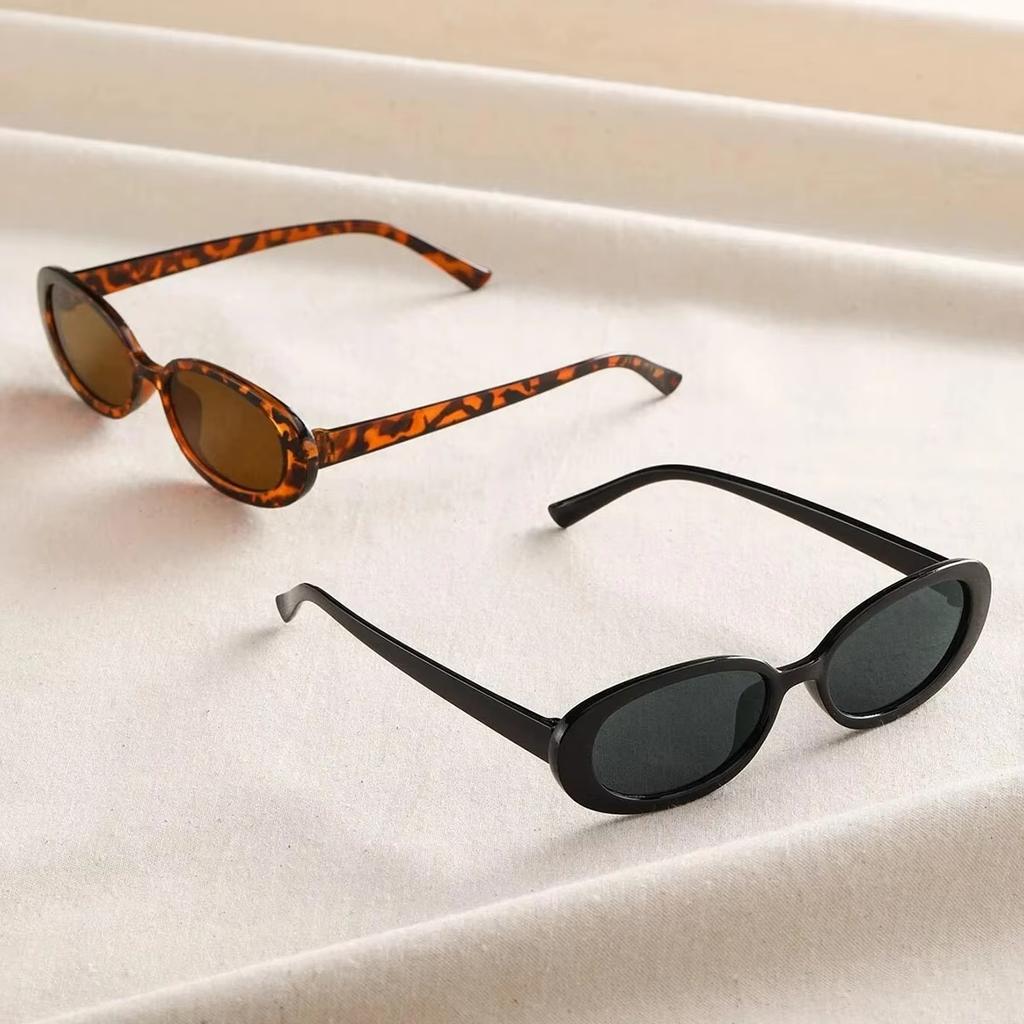2pcs Vintage Oval Shaped Plastic Sunglasses Small Frame UV Protection Fashionable Shade for Outdoor Travel Beach Holiday
