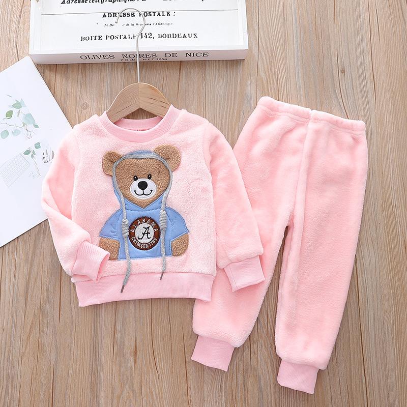 Children's Autumn and Winter Pajamas with Cartoon Bear Flannel Set of Home Clothes