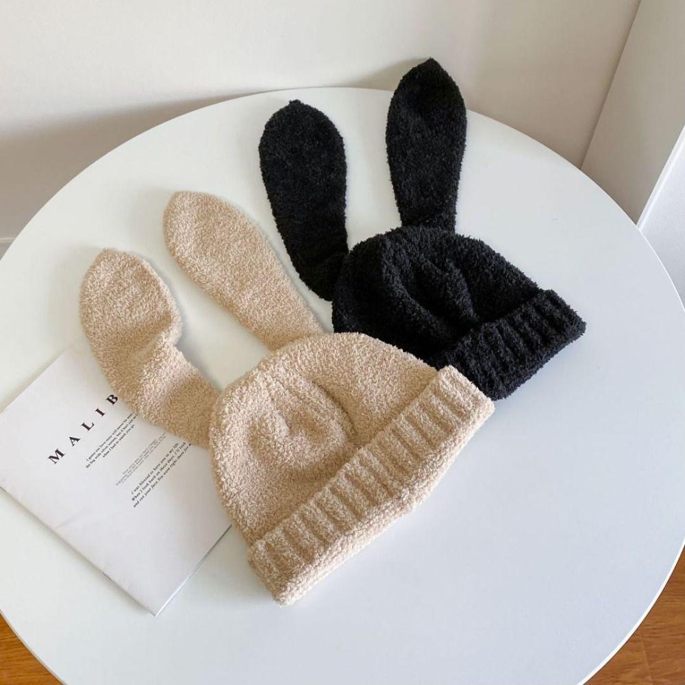 Knitted Rabbit Ear Hats Solid Color Plush Skull Cap Lovely Women Beanie Hat Girl