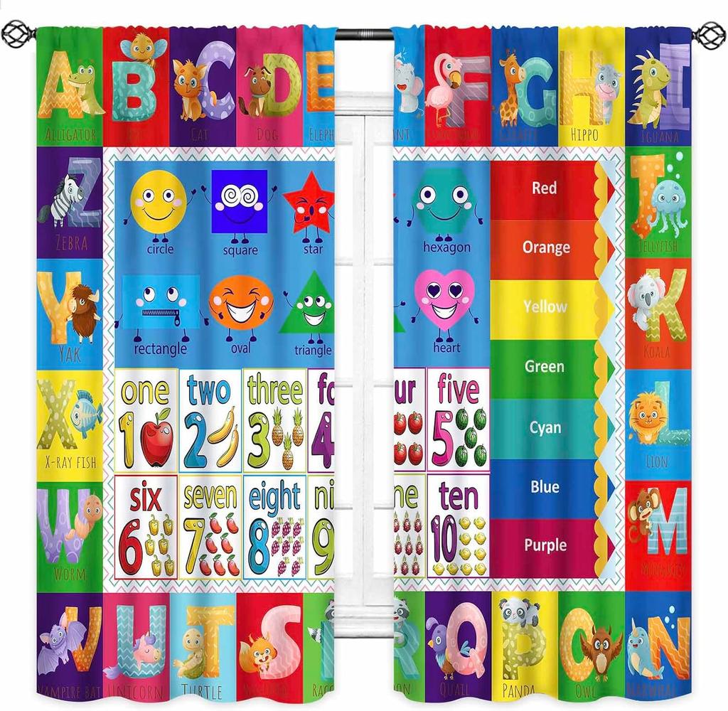 ABC Number Shape Curtain Panels, Colorful Animal Letter Count Shape Early Education Print Drapes Oriental Kid Living Room Decor