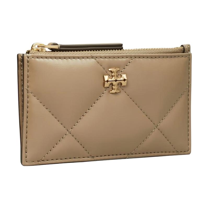 TORY BURCH Kira Metal Logo Zipper Closure Nappa Leather Card Holder Women's Taupe 158629-250