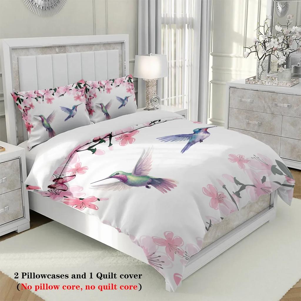3pcs Spring Themed Bird and Flower Printed Bedding SetFor Bedroom Guest Room (1*Duvet Cover + 2*Pillowcase NO Core)
