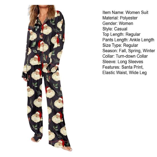 2 Pcs/Set Christmas Women Pajamas Suit Satin Santa Printing Lapel Long Sleeve Top Wide Leg Pants Sleepwear Casual Home Wear Clothes
