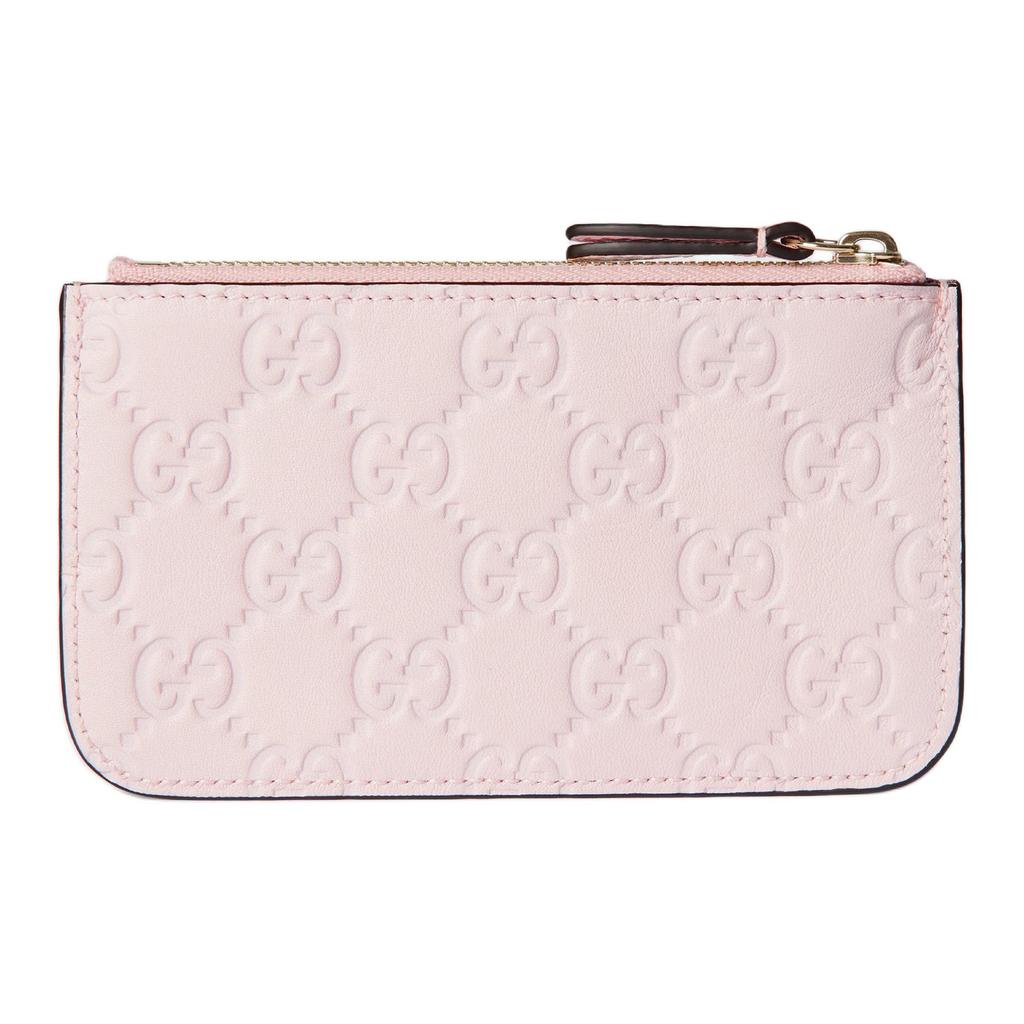 Gucci GG Embossed Light Pink Leather Card Holder, Gold Hardware Zip Closure, Women's Daily Travel Coin Purse 847205-AAFDV-5734