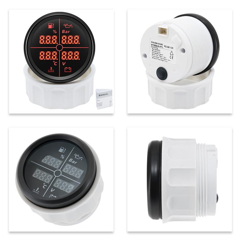 Universal Car 52MM Gauge Digital 4IN1 Fuel Level Meter+Oil Pressure+Water Temp+Voltage 8 Color LED for Marine Boat Yacht 12V24V