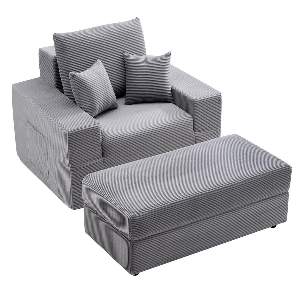 Chaise Lounge Chair, 1115 mm Boneless Modular Chaise Lounge Indoor, Oversized Corduroy Reading Chair with Throw Pillows & Armrests, Deep Seat Sofa