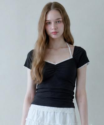 РОЗОВЫЙ АНАНАС Кружевной топ с рюшами 'Dew Lace'_Черный