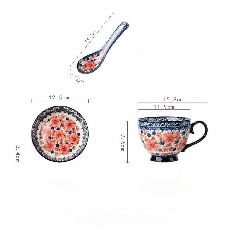 Расписанная вручную керамическая суповая миска с подносом для закусок, винтажный цветочный рельефный дизайн, можно использовать в микроволновой печи, большая ручка и толстое дно, идеально подходит для хлопьев, орехов