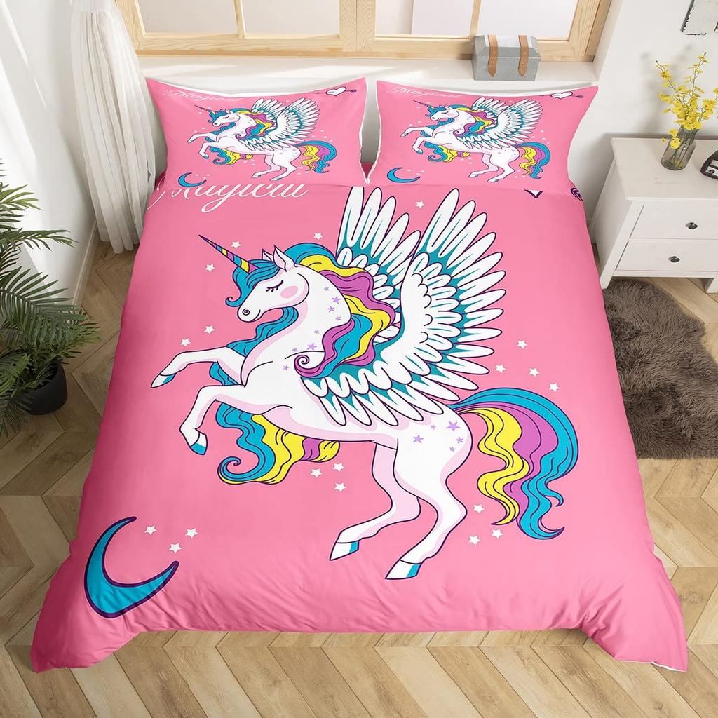 Unicorn Duvet Cover Set Cartoon Galaxy Rainbow Colourful Unicorn Cute Romantic Theme For Kids Girls Polyester Comforter Cover