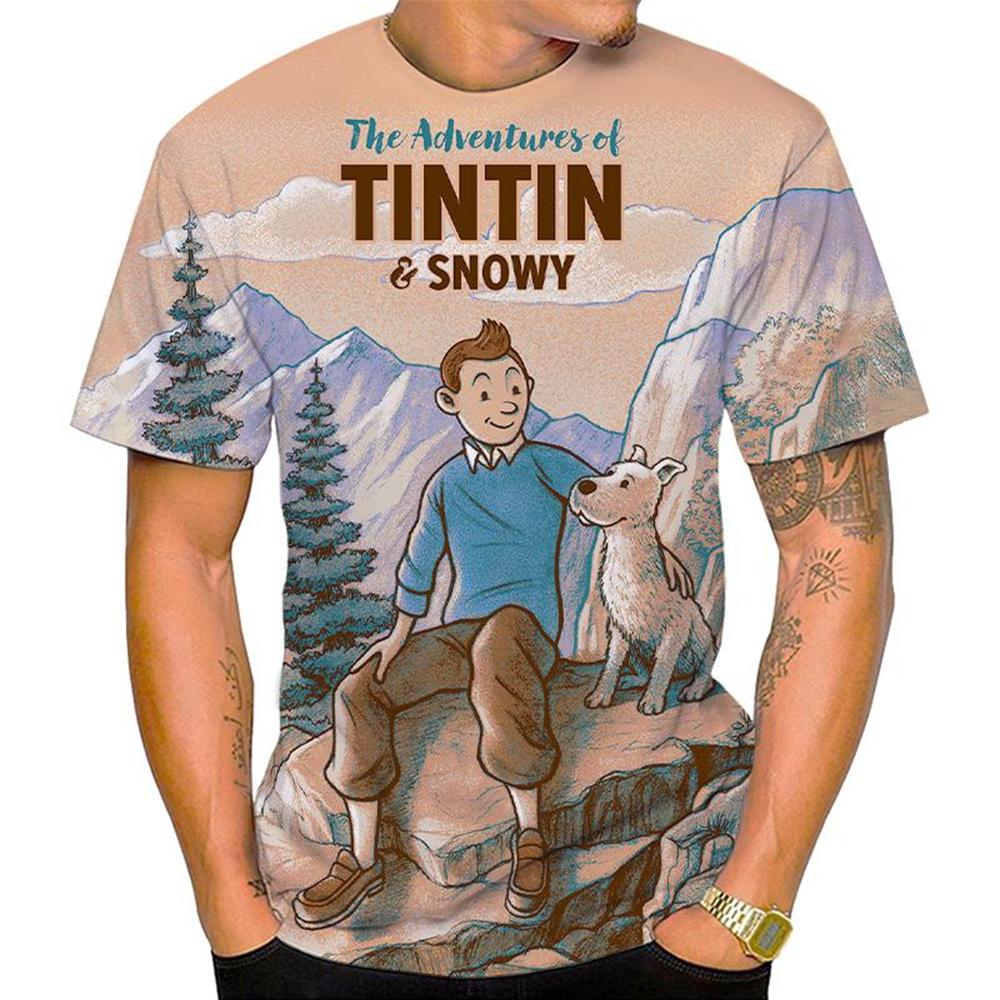 Мужская повседневная футболка с круглым вырезом и 3D-мультяшным принтом 'Приключения Тинтина'