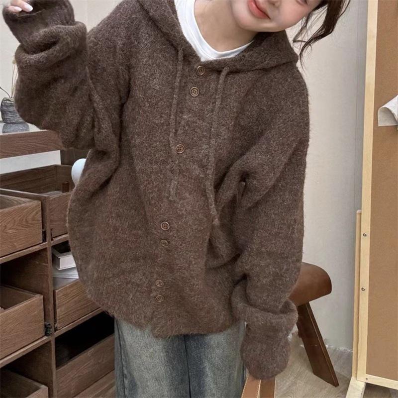 Women's Thickened Hooded Cardigan Sweater Coat - Autumn/Winter Loose Knit Korean Style