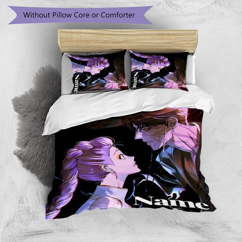 3pcs Custom Name Cartoon Kpop Demon Hunters Bedding Set Duvet Cover Closure Includes 1 Duvet Cover & 2 Pillowcases for All Seasons Bedroom Decor
