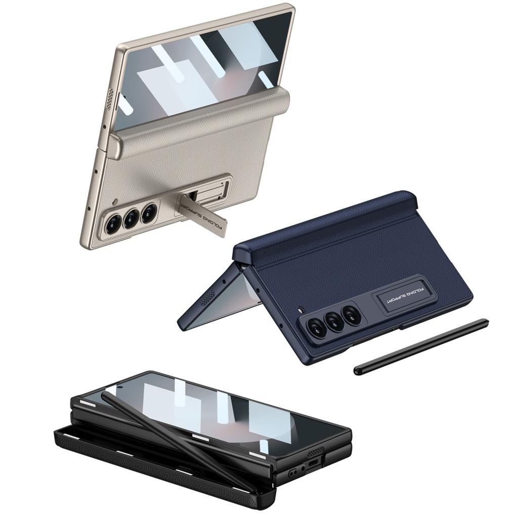 Чехол для мобильного телефона Samsung Fold6 Полностью закрывающий Противоударный Магнитная адсорбция Шарнир Складной Вращающийся вал Однотонный Кожаный Чехол-книжка с держателем для ручки Пленка-накладка