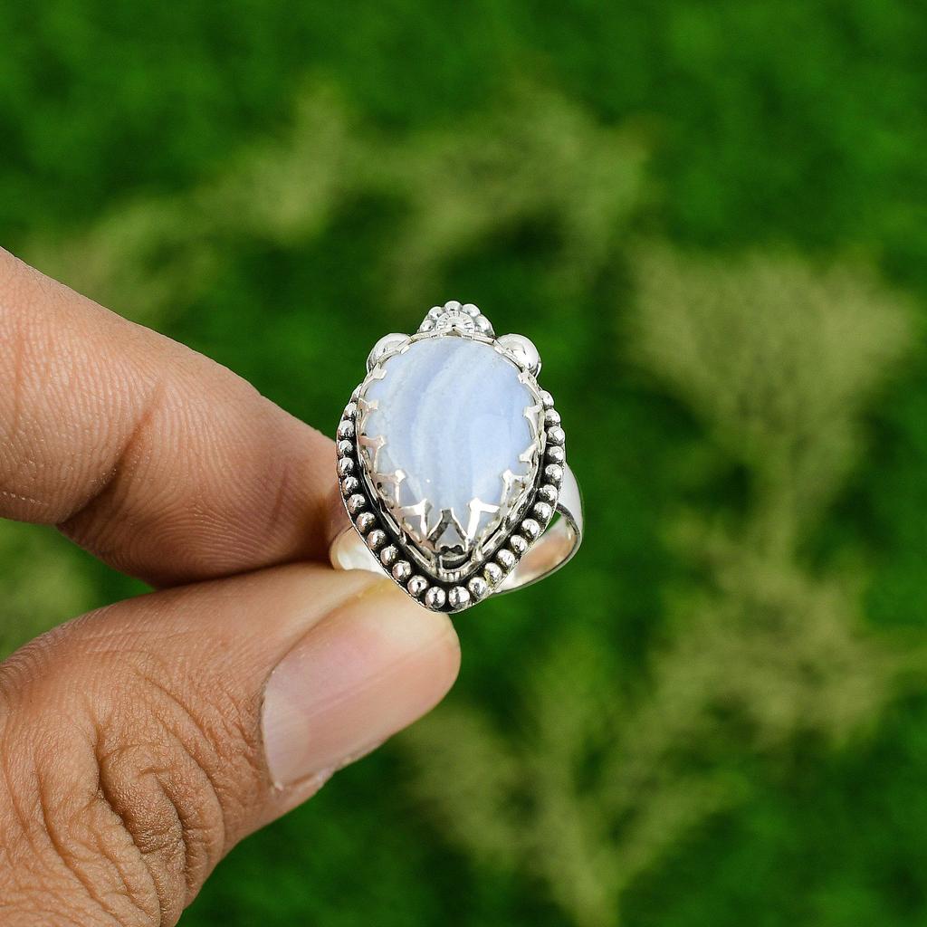 Natural Blue Lace Agate 925 Sterling Silver Daughter New Promise Engagement Ring