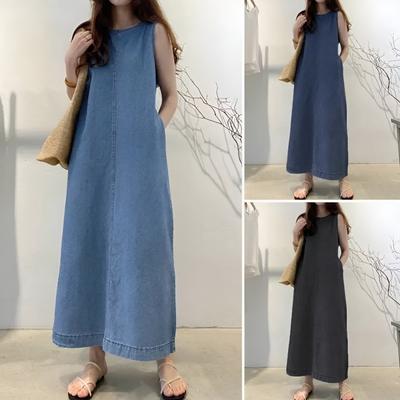 Новое женское богемное джинсовое платье макси 2025 года, без рукавов, с круглым вырезом, свободного кроя, с карманами, повседневное длинное платье-пуловер, платье-свитшот для лета