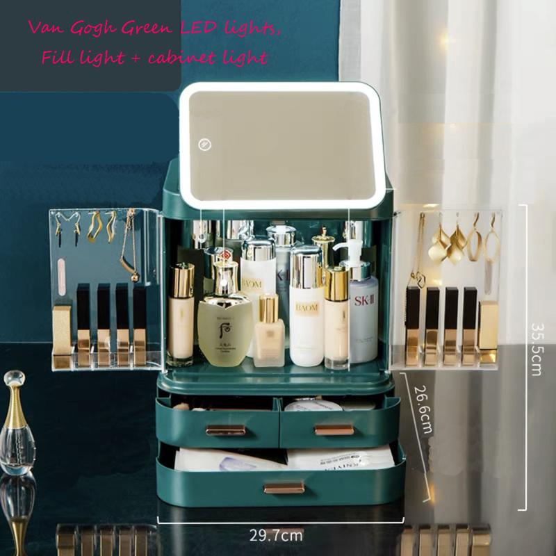 Ящик для хранения косметики с зеркалом. Универсальные настольные средства для ухода за кожей. Большой вместительный стеллаж для туалетного столика.
