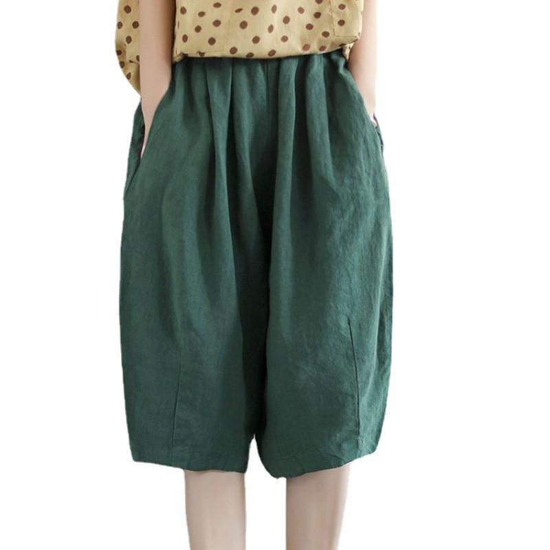 В наличии: Женские летние ретро хлопково-льняные брюки - Эластичная талия, Дизайн пять точек, Большой размер, Повседневный стиль