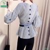Blouse Shirt Women Fashion Bow V-neck Striped Elegant Ladies Tops Female Clothing