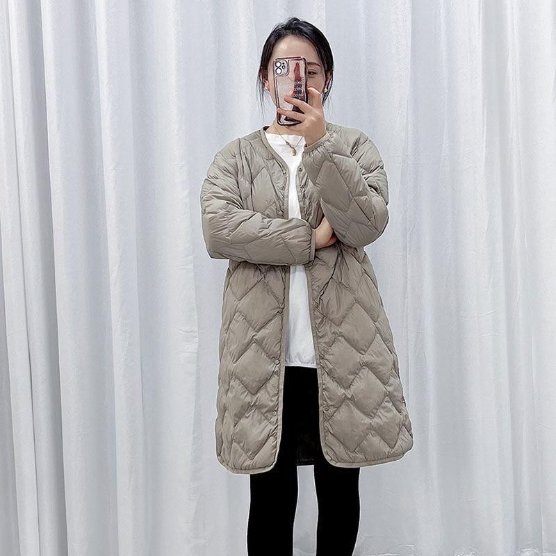 New autumn and winter down jacket women's light and medium-length V-neck round neck liner white duck down casual rhombus warm jacket