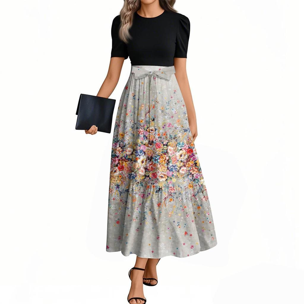 Женские модные повседневные платья с поясом, короткими рукавами и круглым вырезом, с принтом, элегантные, темпераментные