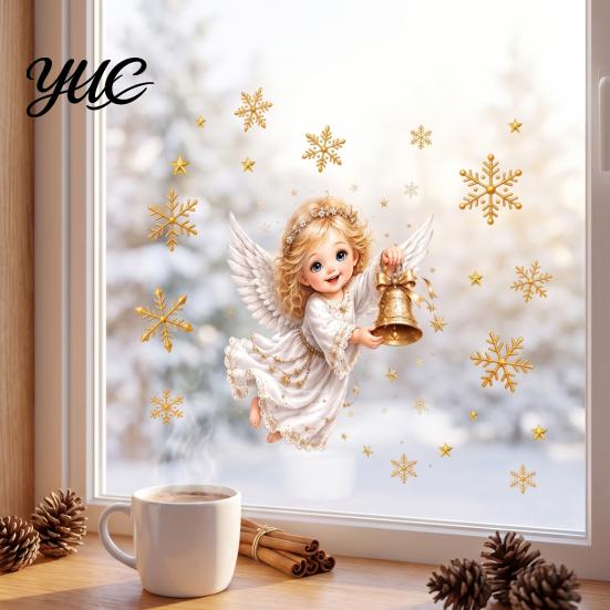 Transparent Window Stickers Christmas Angel Clings, Removable PVC Static Glass for Holiday Glue Free Film Home Decor, Reusable Electrostatic Snowflake