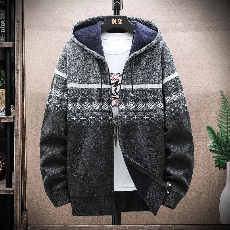 Fashion Men's Jacket Fall And Winter Casual Sweater Jackets Warm Knit Sweater Hooded Hoodie Coats