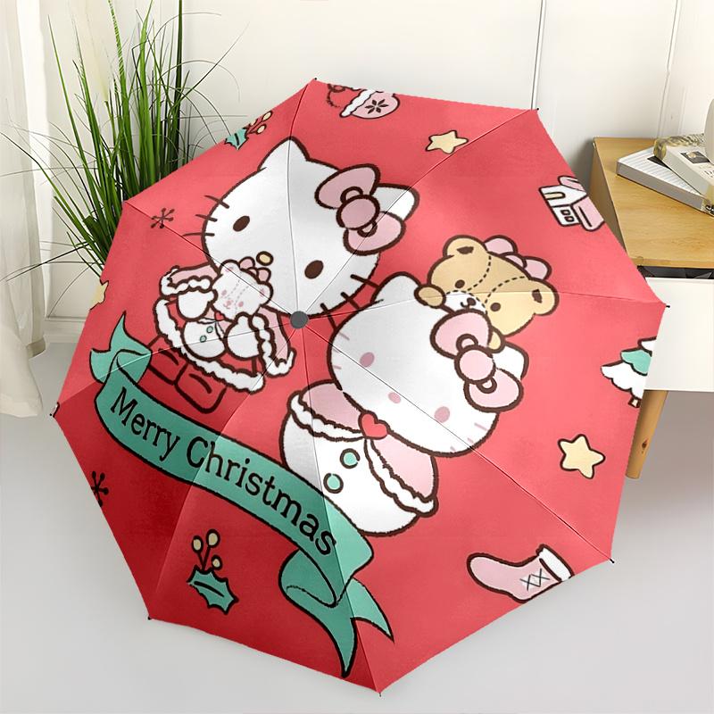 1pc Hello Kitty Christmas Edition Automatic Opening/Closing Umbrella with Foldable Design, 8-Rib Iron Frame Outdoor Umbrella, Festive Gift for Fans, T