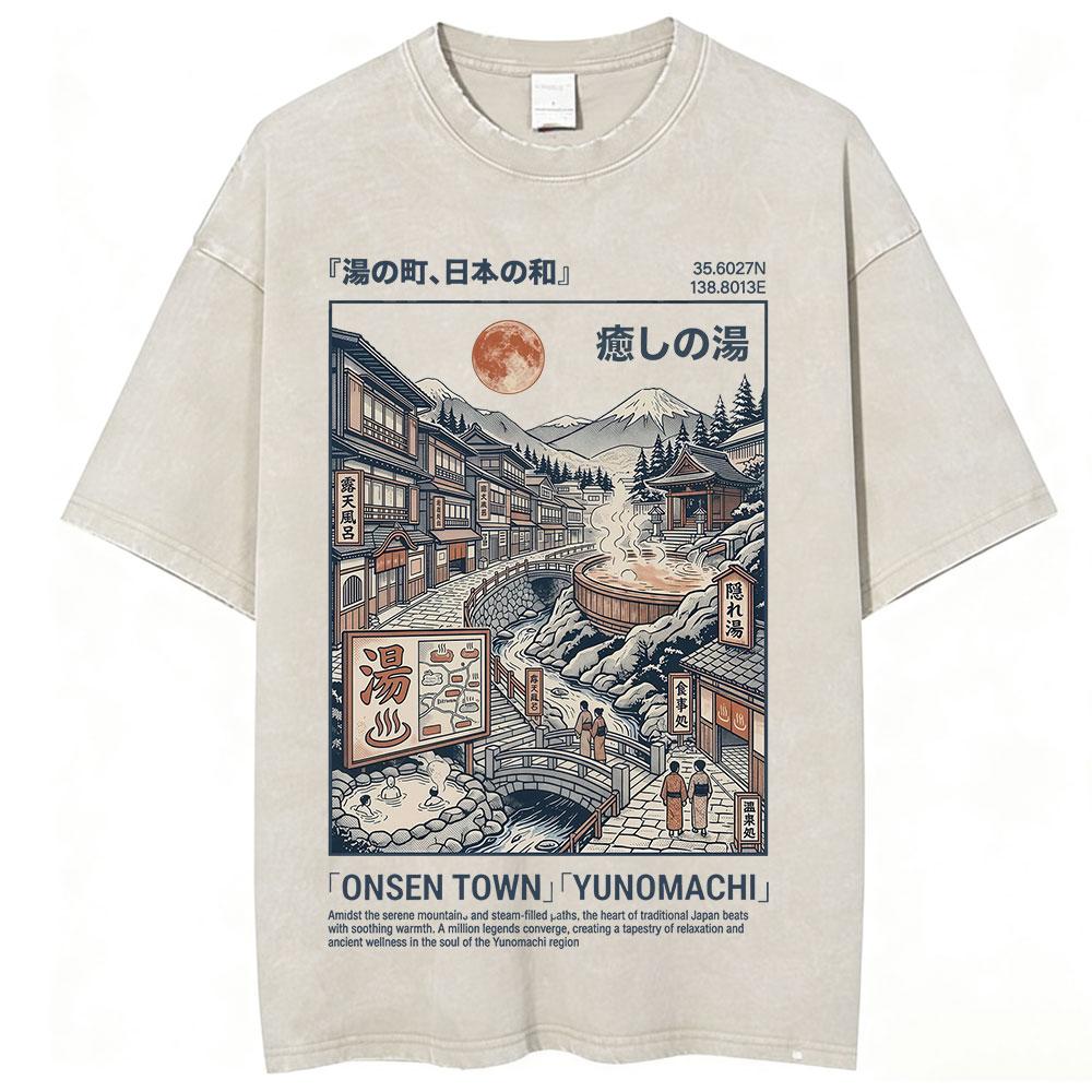 Vintage Japanese Osaka Dotonbori Crab Cityscape Graphic T Shirts Mens Washed Fashion Oversized Cotton Tshirt Unisex Streetwear