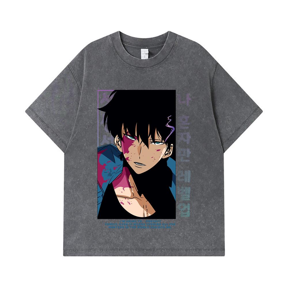 275 GSM Washed T-shirts 100% Cotton Solo Leveling V8 Print Unisex Heavy Cotton T Shirt