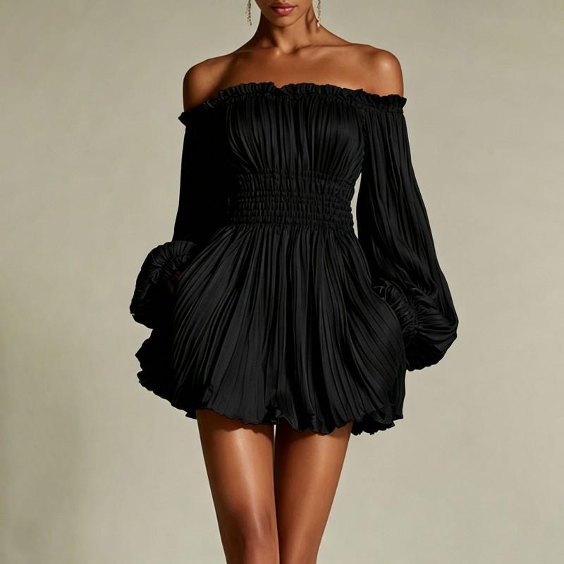 2026 Womens Slim Fit Off-Shoulder Pleated Long Sleeve A-Line Dress High Waist Elegant Office Casual Wear
